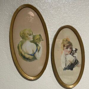 Pair of "Elegant Ladies" Clipped Image‎ Art in Oval Frames Vintage 1950's